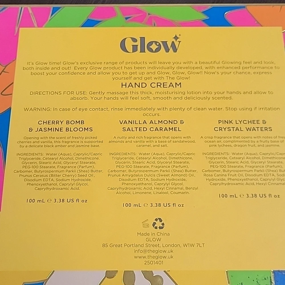 GLOW Hand Cream Collection Of 3 100ml Tubes In Reusable Box New